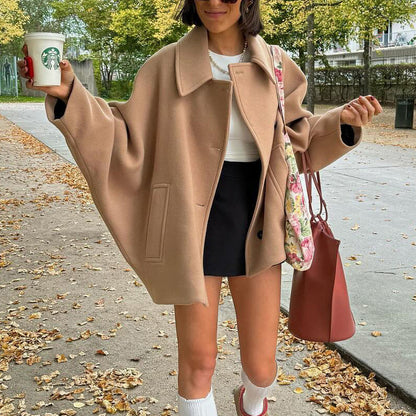 Dames Jas Wijd Model Wol Look Kraag Knopen