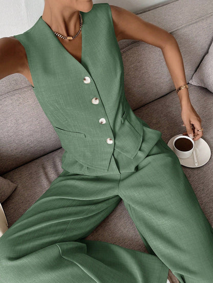 Vest en Wijde Broek Set voor Vrouw Modern en Comfortabel