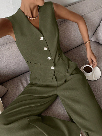 Vest en Wijde Broek Set voor Vrouw Modern en Comfortabel