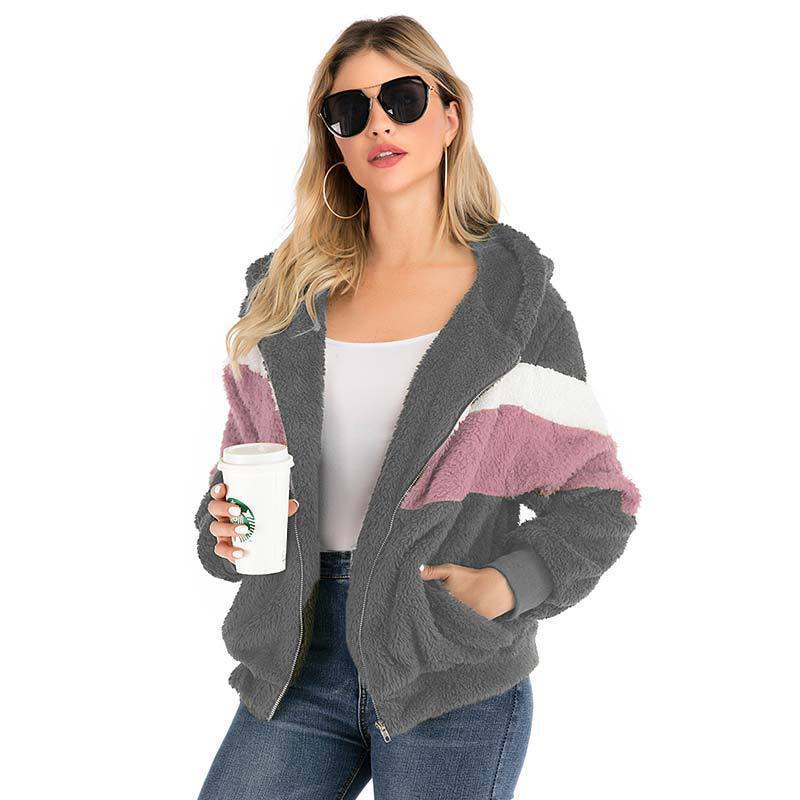Dames Teddy Vest Hoodie met Rits en Kleurvlakken Zacht en Comfortabel