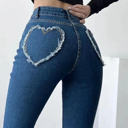 Dames Spijkerbroek met Hoge Taille en Hartvormige Franjes | Flared Pasvorm