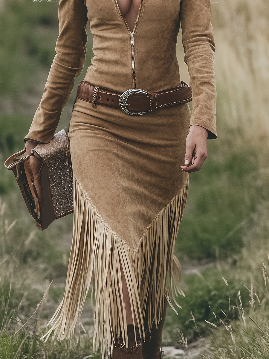 Retro Western Midi Jurk met Kraag, Rits en Kwastjes