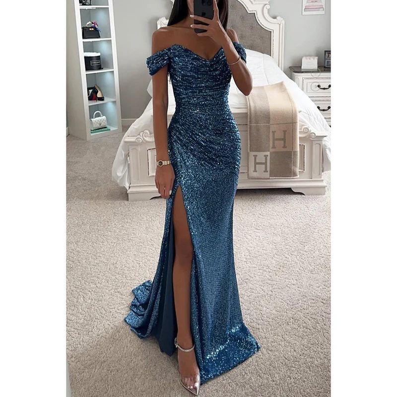 Avondjurk Off-Shoulder Pailletten Jurk met Diepe Split