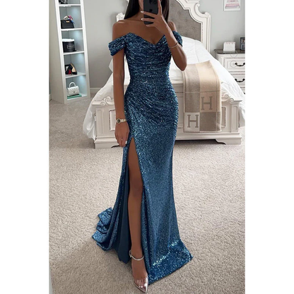 Avondjurk Off-Shoulder Pailletten Jurk met Diepe Split