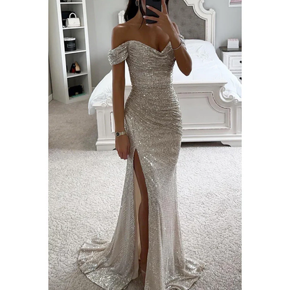 Avondjurk Off-Shoulder Pailletten Jurk met Diepe Split