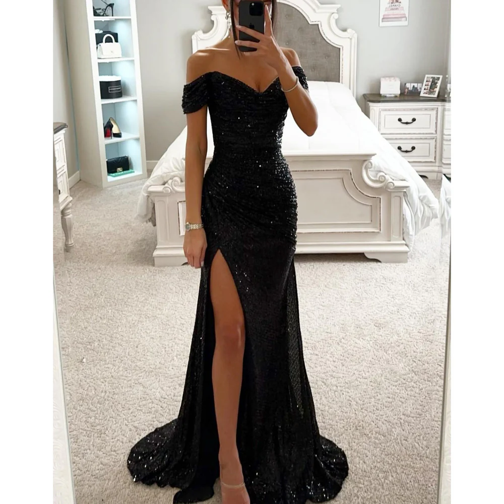 Avondjurk Off-Shoulder Pailletten Jurk met Diepe Split