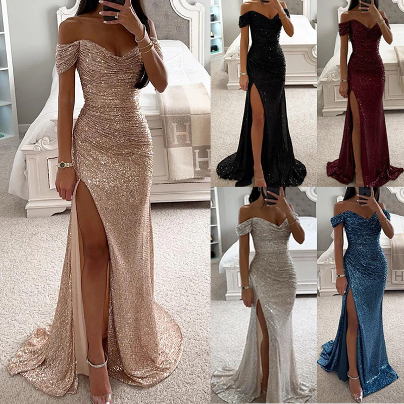 Avondjurk Off-Shoulder Pailletten Jurk met Diepe Split