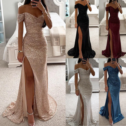 Avondjurk Off-Shoulder Pailletten Jurk met Diepe Split