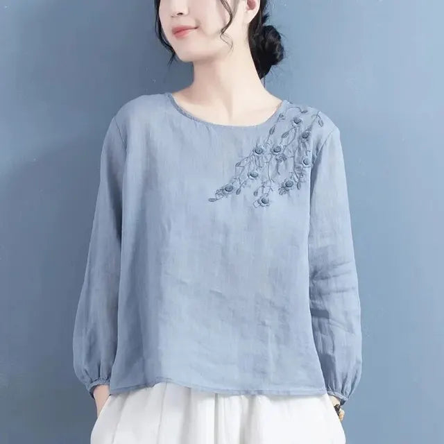 Katoen Linnen Blouse met Artistieke Borduursels voor Dames