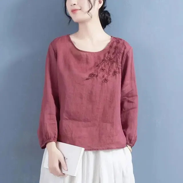 Katoen Linnen Blouse met Artistieke Borduursels voor Dames