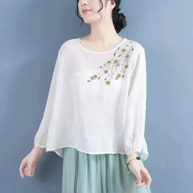Katoen Linnen Blouse met Artistieke Borduursels voor Dames