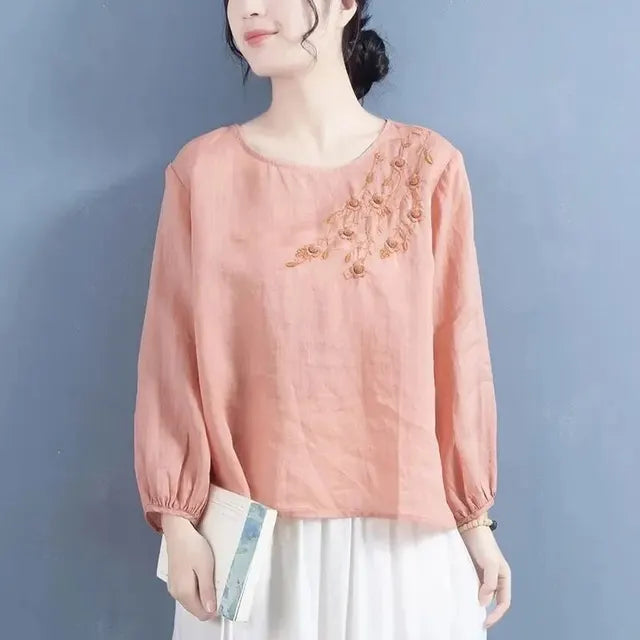 Katoen Linnen Blouse met Artistieke Borduursels voor Dames
