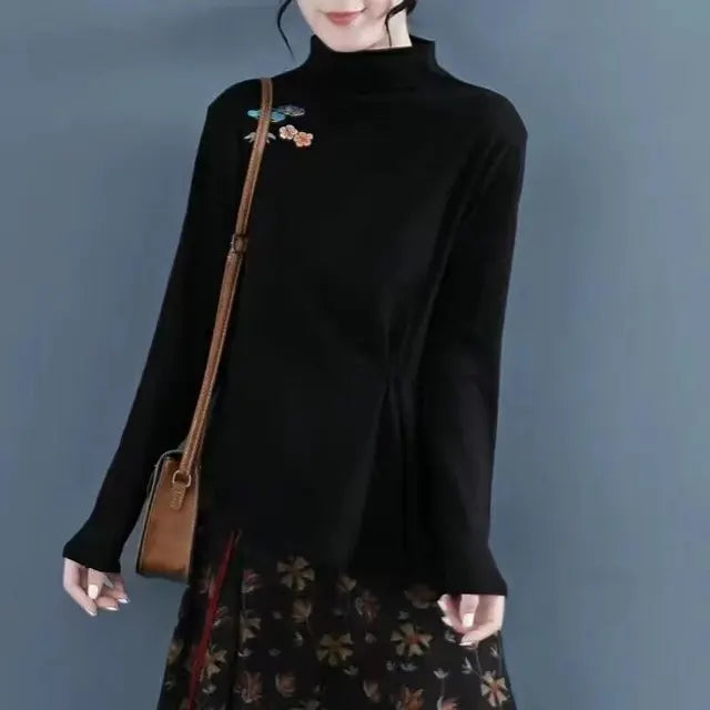 Verfijnde Retro Geborduurde Fluwelen Blouse