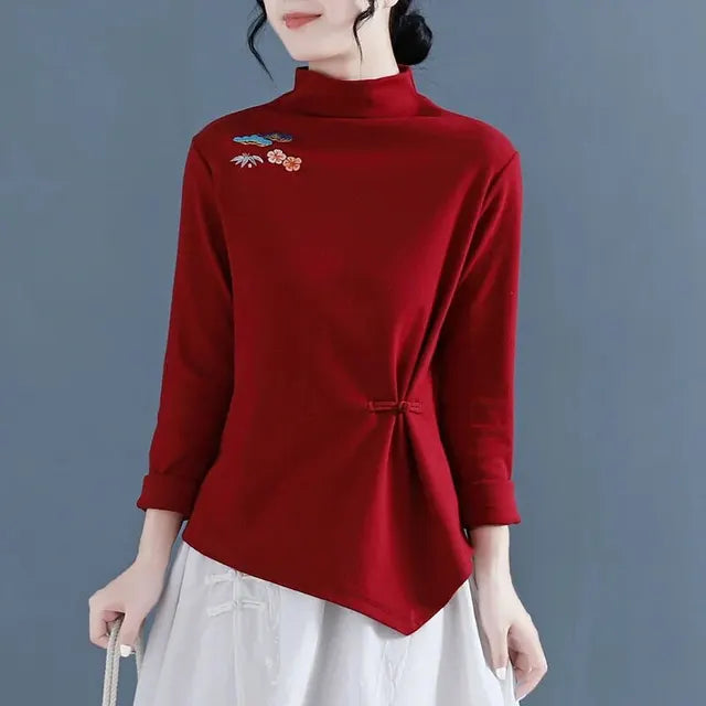 Verfijnde Retro Geborduurde Fluwelen Blouse