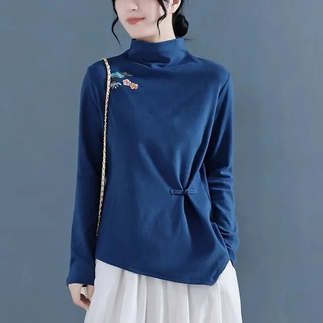 Verfijnde Retro Geborduurde Fluwelen Blouse
