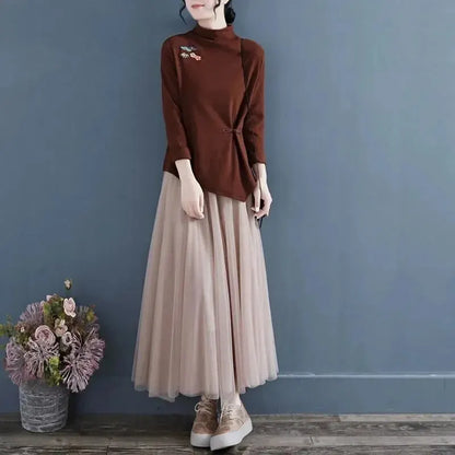 Verfijnde Retro Geborduurde Fluwelen Blouse
