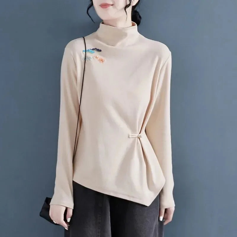 Verfijnde Retro Geborduurde Fluwelen Blouse