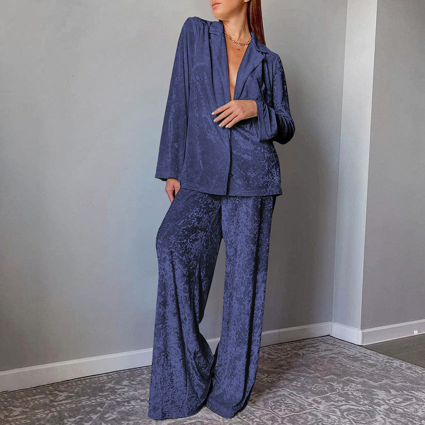 Dames Velvet Broekpak Lange Mouwen Shirt Tweedelig Set