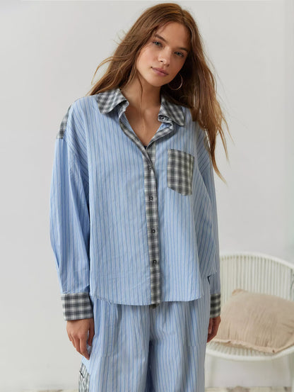 Geruite Pyjamaset voor Vrouw Casual Chic Losse Delen