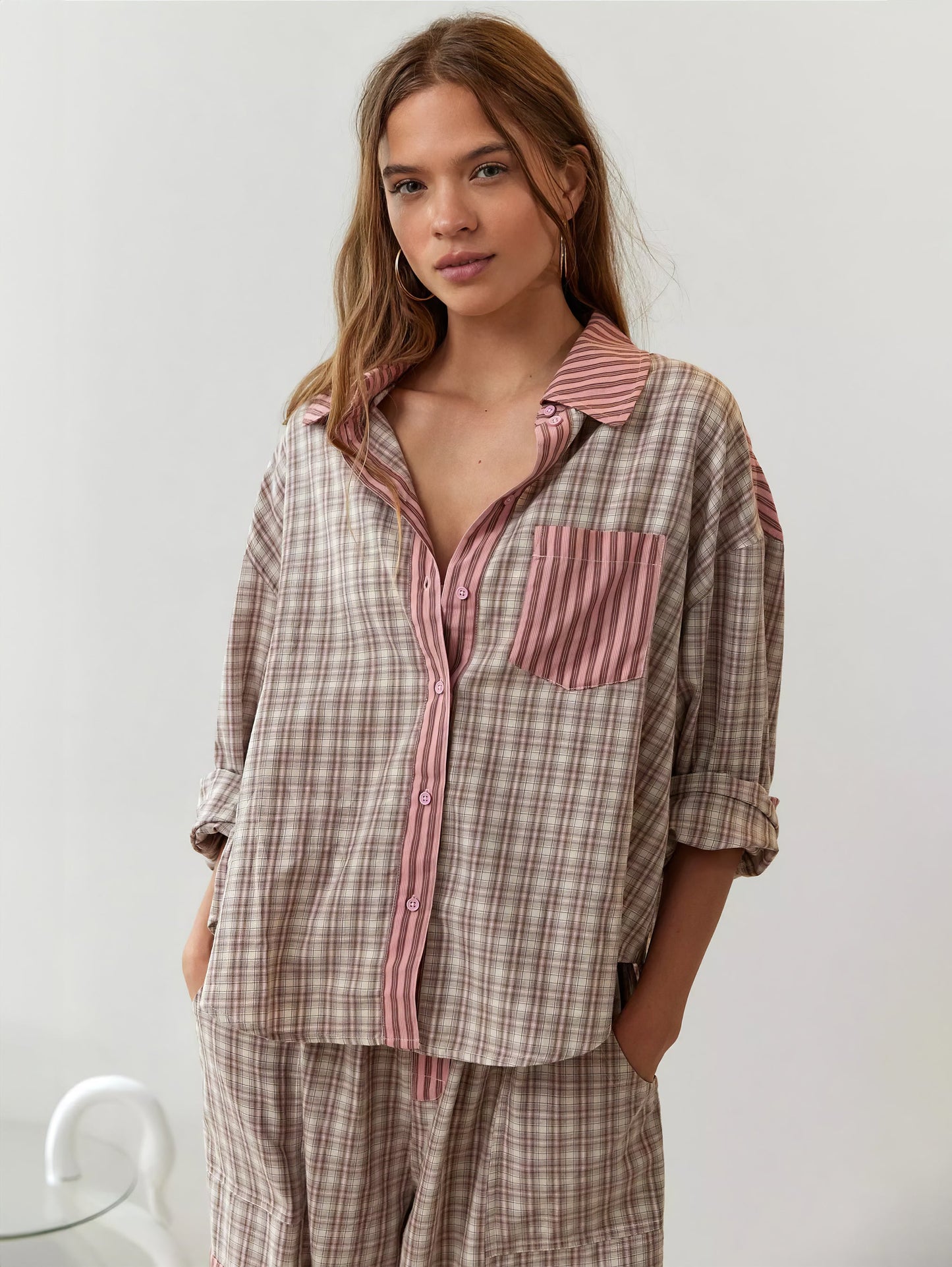 Geruite Pyjamaset voor Vrouw Casual Chic Losse Delen