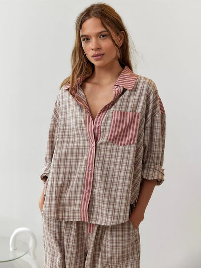 Geruite Pyjamaset voor Vrouw Casual Chic Losse Delen