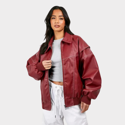 Oversized Bomberjack Met Contrasterende Stiksels en Kap - Mode Vibes