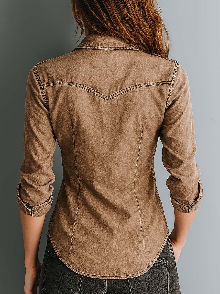 Retro Gewassen Blouse met Contraststiksels