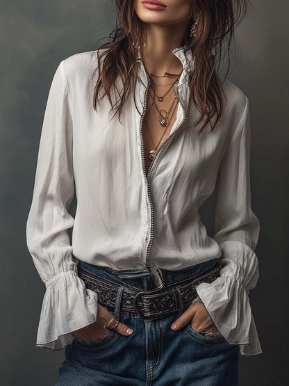 Dames Witte Blouse met Ritssluiting en Volantmouwen