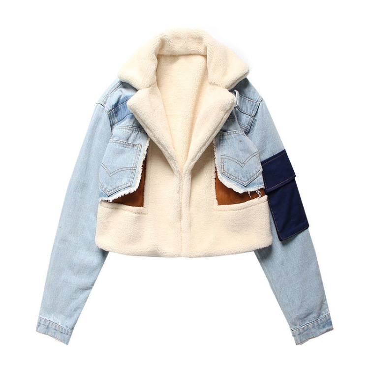 Korte Denim Sherpa Jas met Unieke Stofcombinatie