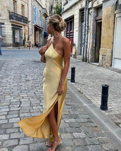 Maliah | Abito Lungo Cerimonia Satinato con Fessura Elegante 1