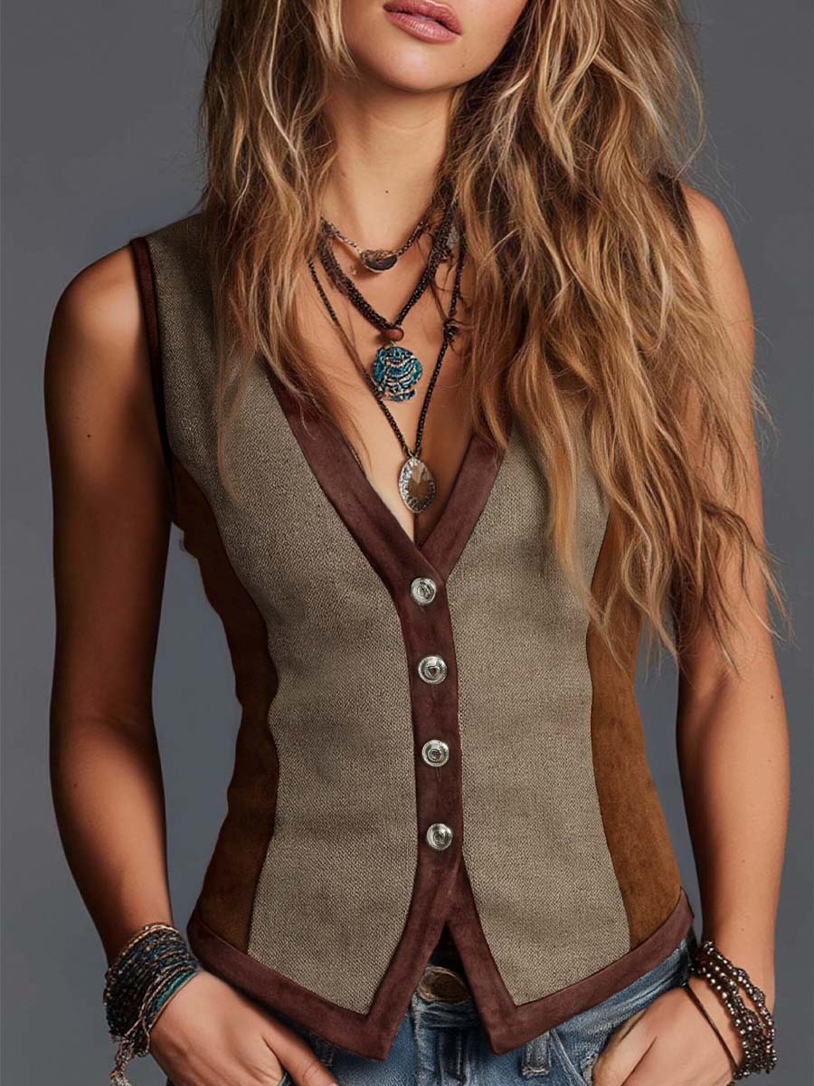 Solenne – Dames Suède Gilet met Patchwork en Bohemian Stijl