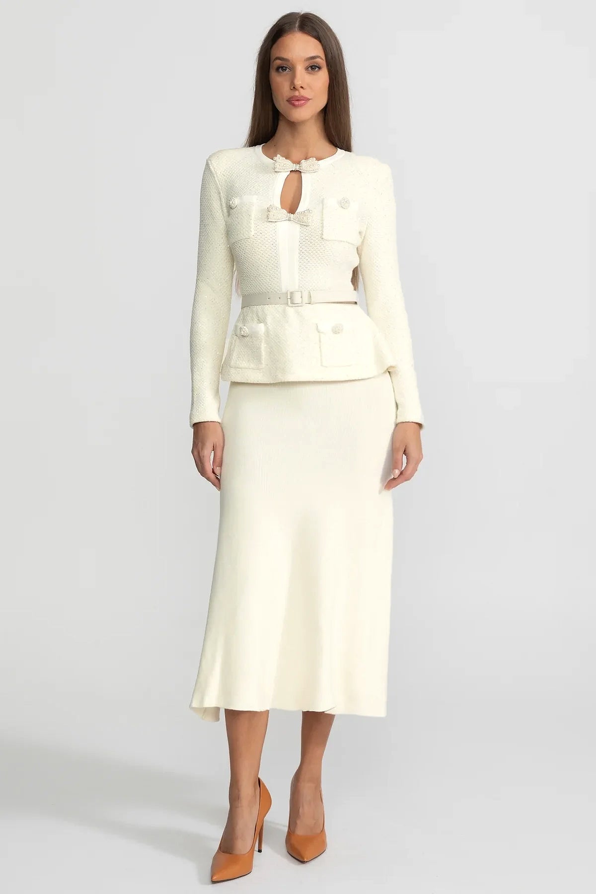 Tweed Peplum Gebreide Midi Jurk – Ivoire