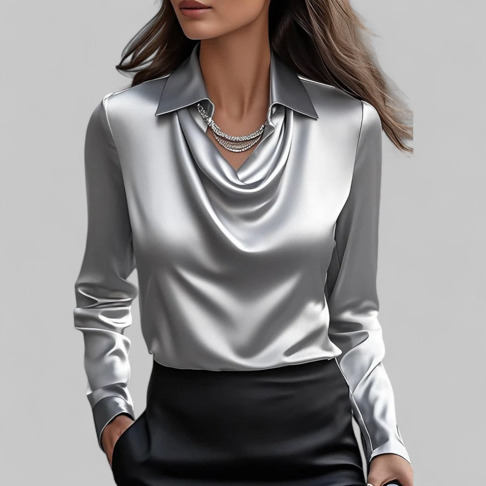 Isla Blouse met Gedrapeerde Hals – Dames Blouse met Lange Mouwen