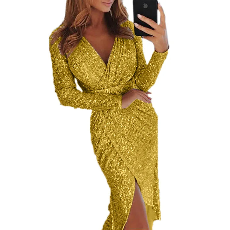 Gele slanke lichtgewicht glitterjurk