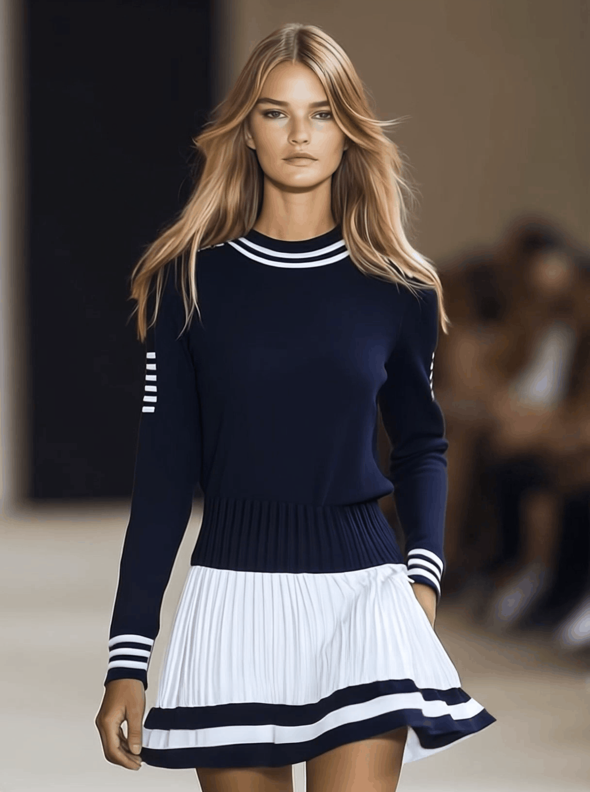 Dames Sportieve Mini Jurk met Ronde Hals in Marineblauw en Wit
