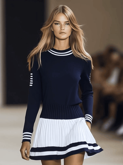 Dames Sportieve Mini Jurk met Ronde Hals in Marineblauw en Wit