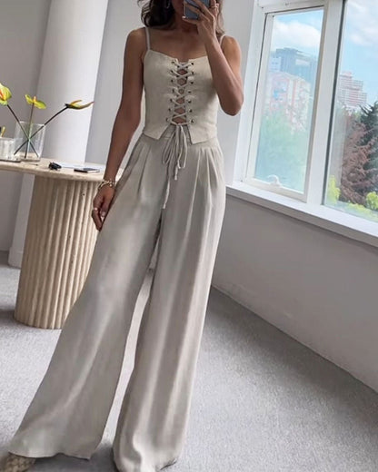 Dames Tweedelige Set Tweed Met Strik Wijde Broek - Mode Vibes
