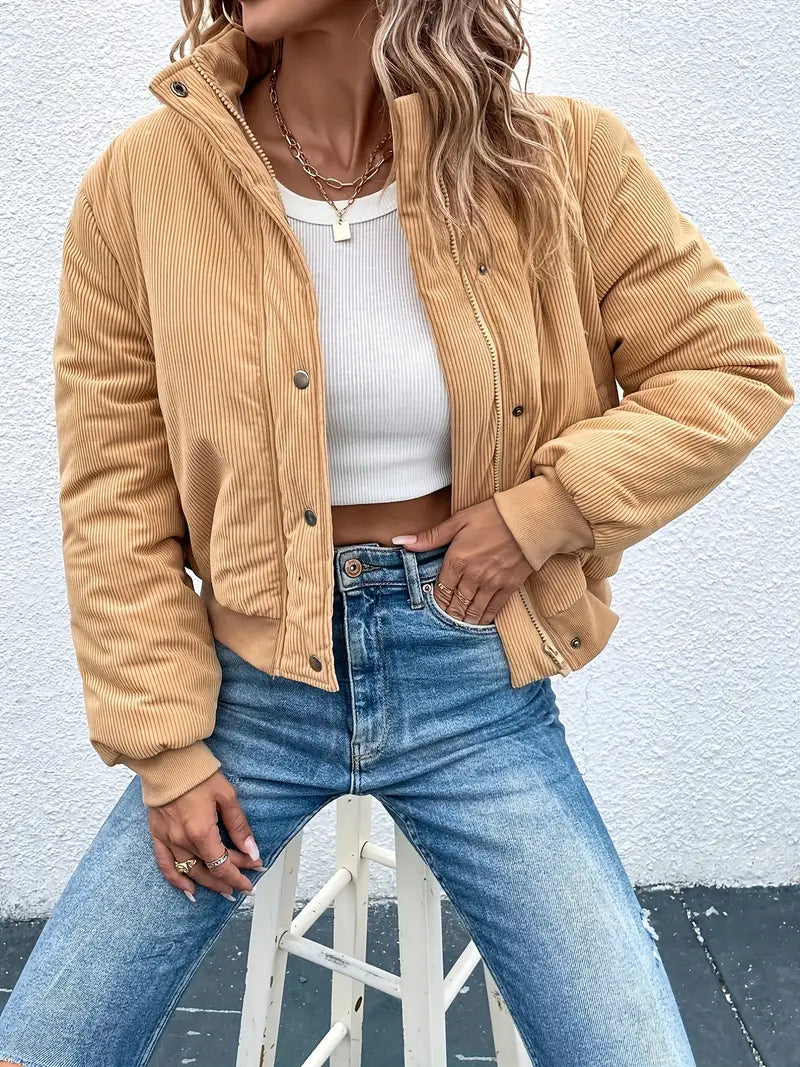 Corduroy Jas voor Vrouw met Rits en Knoopsluiting - Mode Vibes