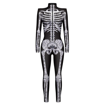 Dames Halloween Catsuit Schedel Costuum Zwarte Jumpsuit