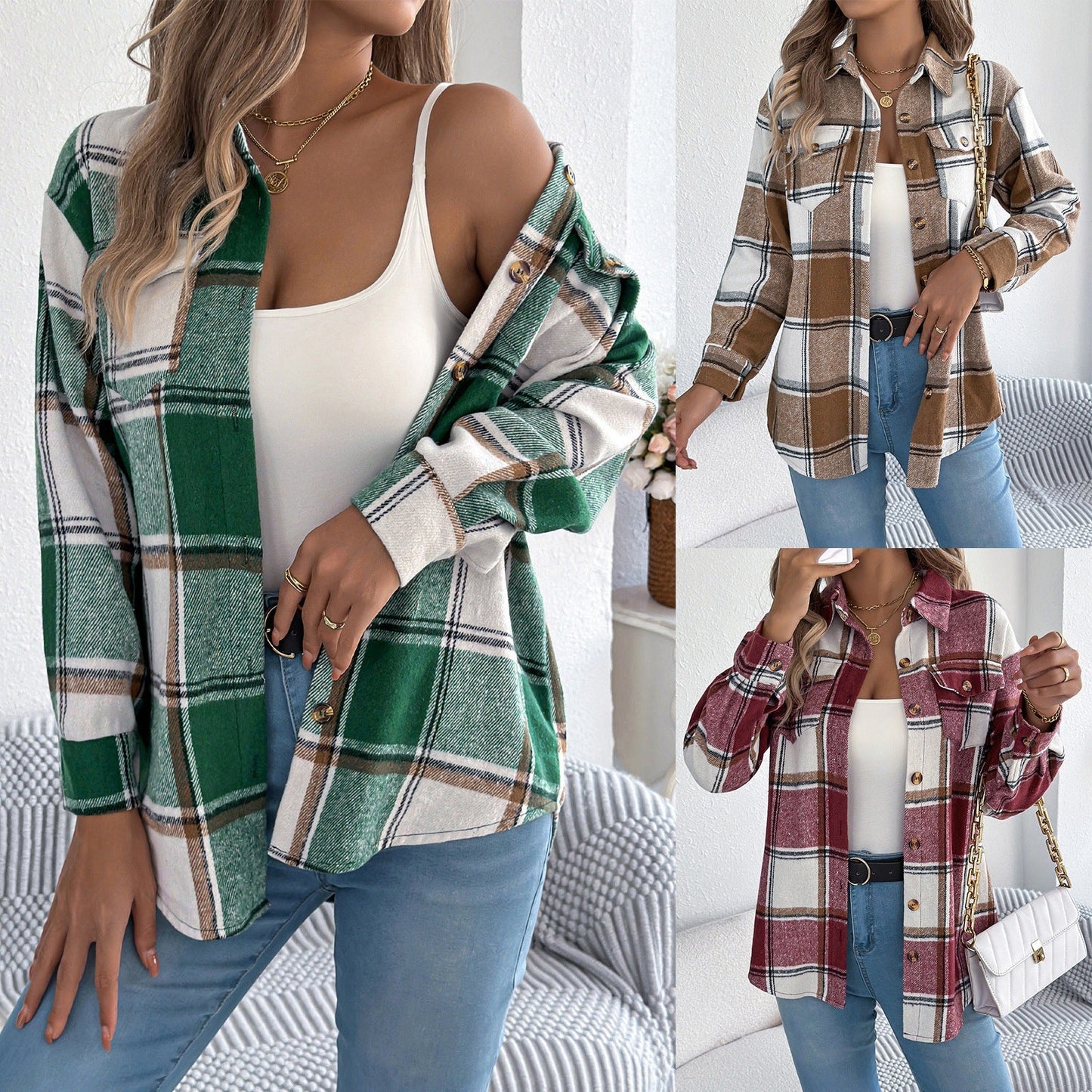 Dames Geruite Overshirt met Zakken en Knopen Casual Stijl