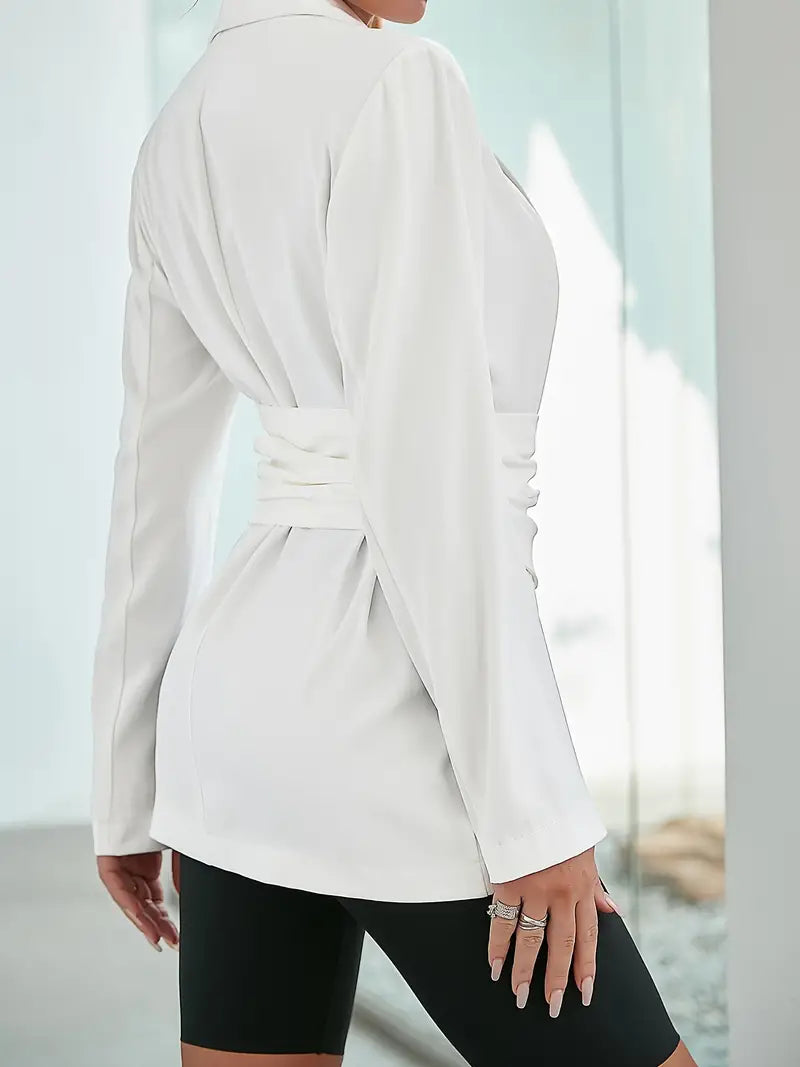 Witte Blazer Geplooide Mouw Elegante Vrouwelijke Stijl
