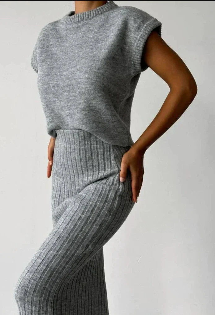 Betoverende Elegantie – Gebreide Rok en Mouwloos Vest Set voor Dames, Luxe Winter Ensemble