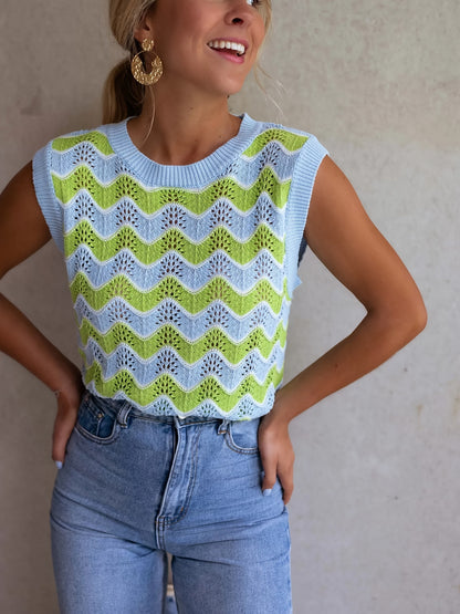 Dames Mouwloos Kabelgebreid Vest Met Contrasterende Halslijn - Mode Vibes
