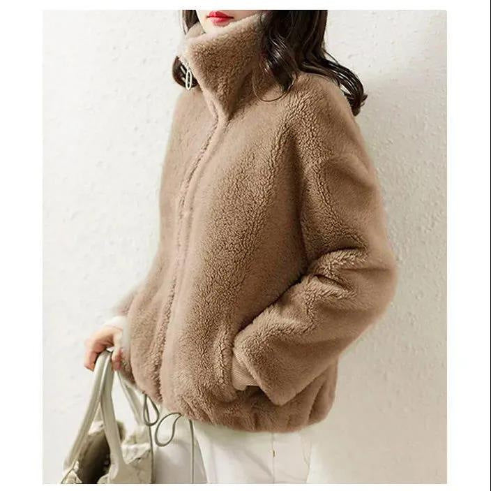 Dames Faux Fur Jas met Opstaande Kraag en Rits