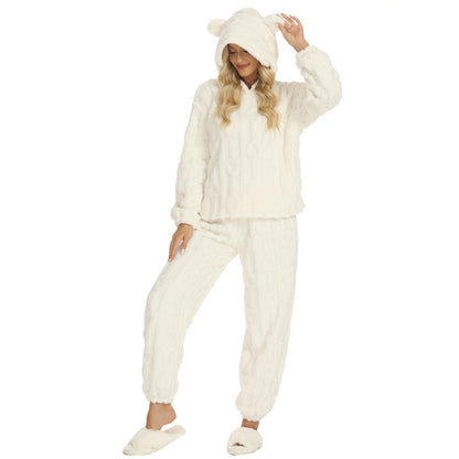 Dames Teddy Pyjama Set Zacht met Oortjes en Hartjes
