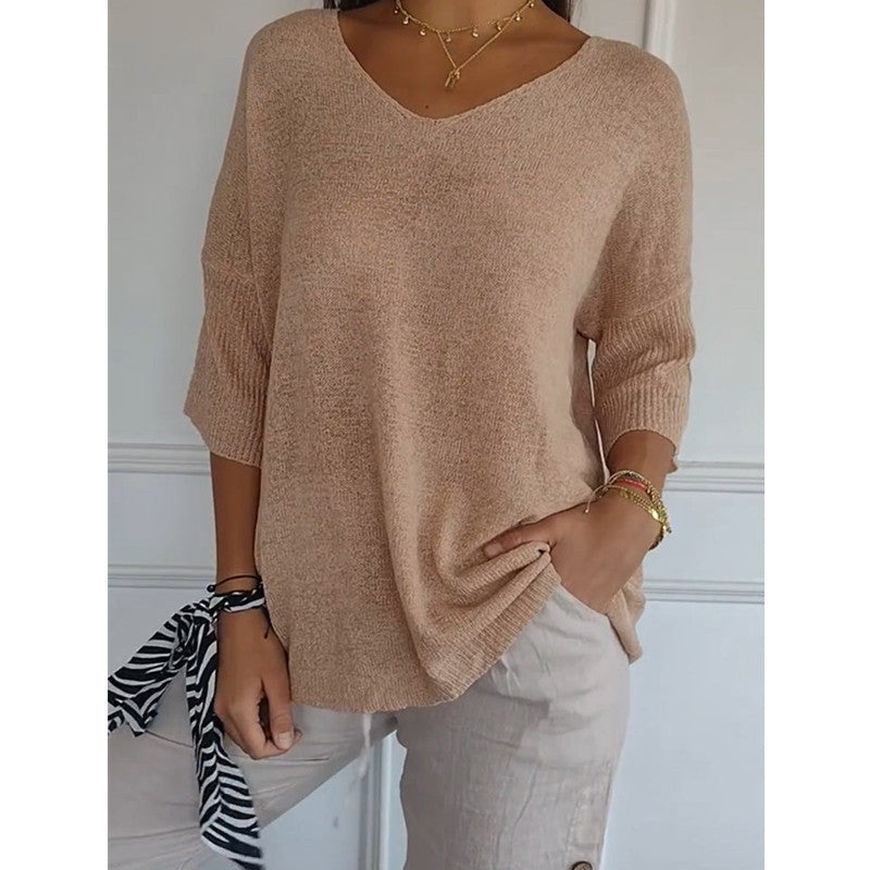 Dames Top Fijngebreide V-hals Driekwart Mouwen Casual Kleding
