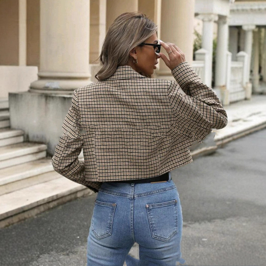 Dames Blazer Geruit Stijlvol Cropped Jas
