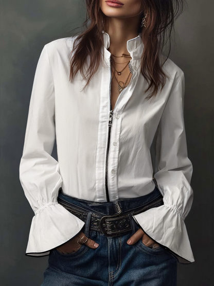 Dames Witte Blouse met Ritssluiting en Volantmouwen