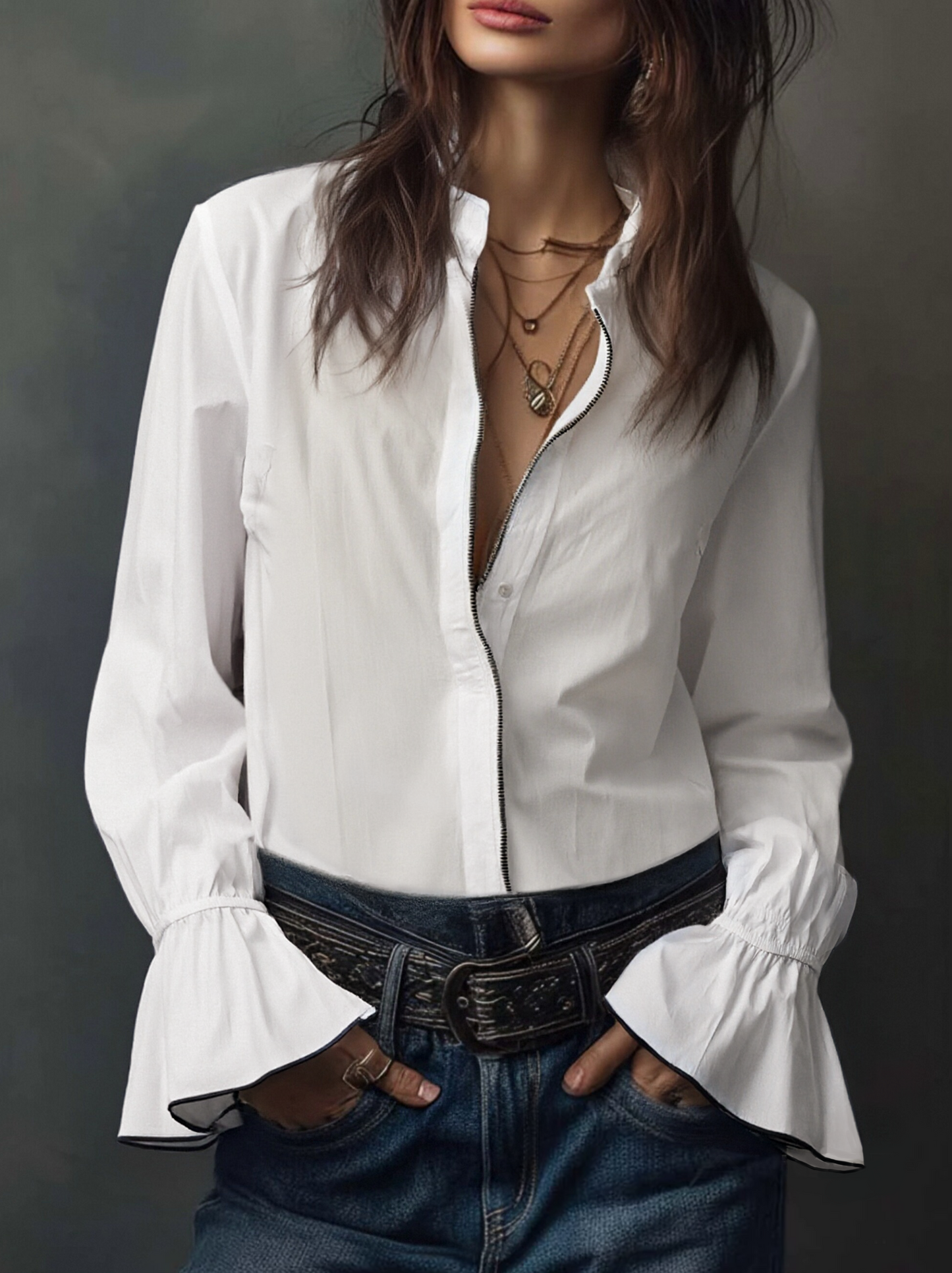 Dames Witte Blouse met Ritssluiting en Volantmouwen