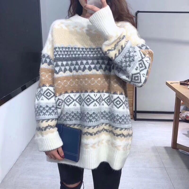 Dames Trui Warm Gebreid Aztec Print Rensy